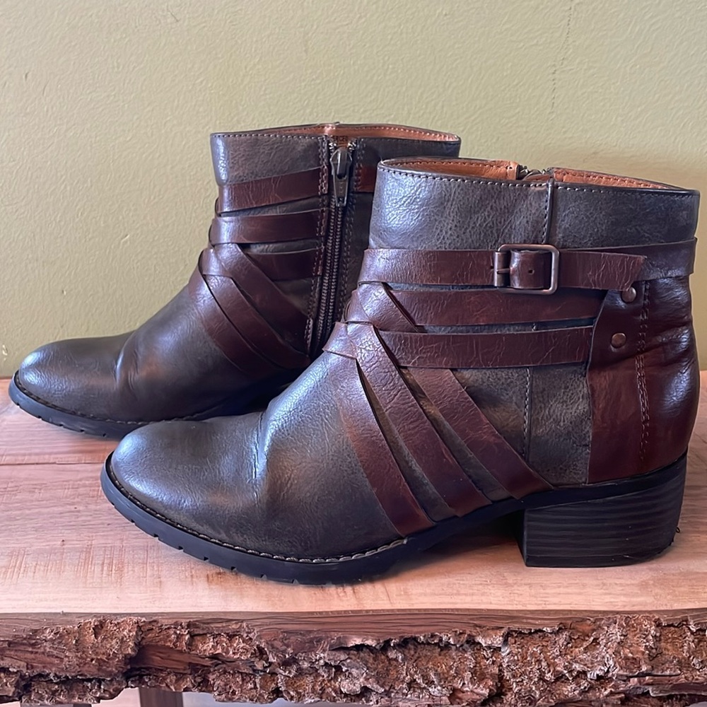 Euro soft ankle boots with strap details.